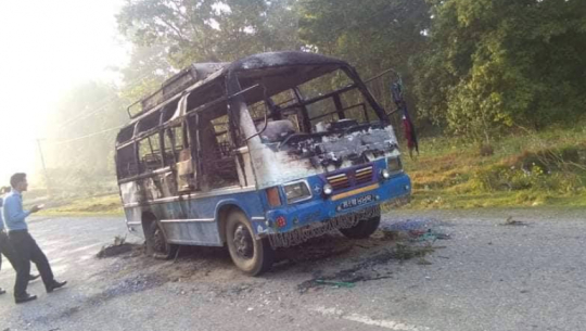 Bus set on fire by the party workers of Biplav