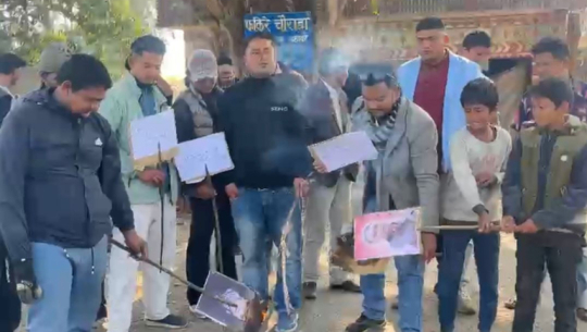 Supporters of Ramesh Lekhak Burn effigies of Nepali Congress leaders after ticket denial