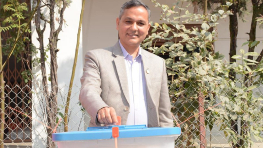 Home minister Om Prakash Aryal casts vote in Lalitpur-3